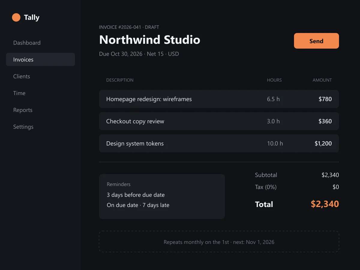 Tally invoice screen showing three billable entries, a total of $2,340 and a Send button